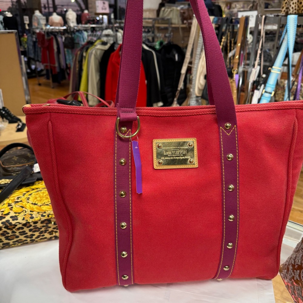 Louis Vuitton Antigua Cabas MM Red Canvas Studded Tote Bag Shoulder Bag Purse